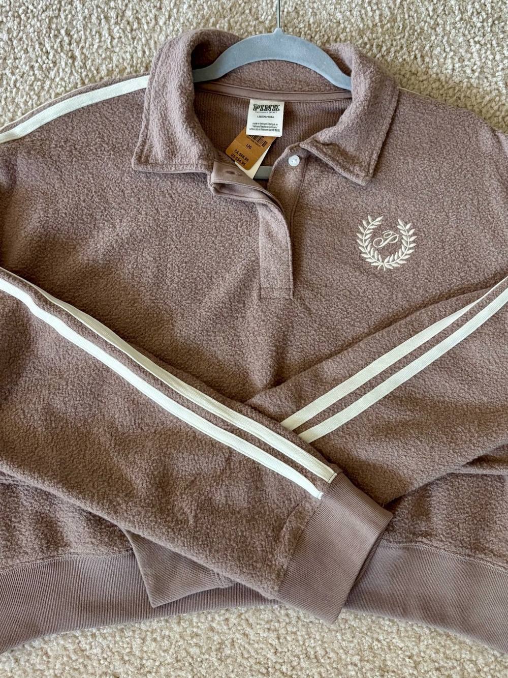 PINK Victoria's Secret Taupe Fleece Crewneck Pullover with White Stripe Detail